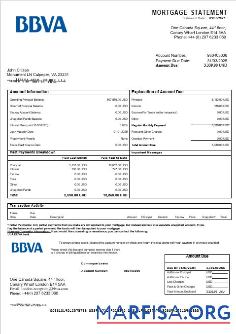 Printable USA BBVA bank mortgage statement in Word and PDF formats example